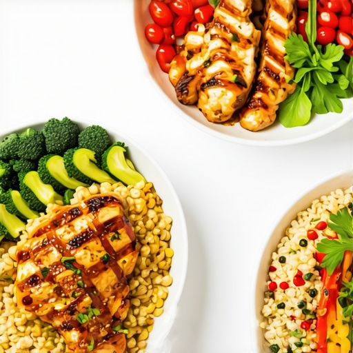Plate with chicken, vegetables, and grains emphasizing protein intake