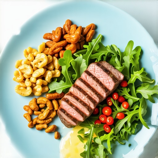 Assorted healthy foods containing B-vitamins like meats, greens, nuts, and grains.