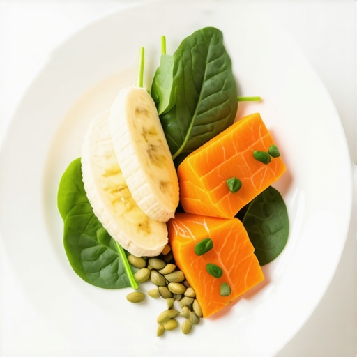 Rich Source of Essential Trace Minerals Colorful meal plate featuring potassium-rich bananas, leafy greens, sweet potatoes, pumpkin seeds, and salmon