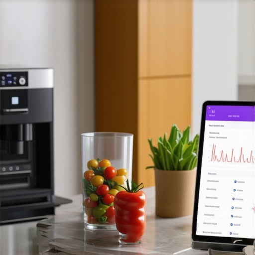Kitchen with smart devices and a nutrition app on a tablet for weight management.