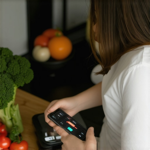 Person weighing food with a digital scale and tracking in an app.