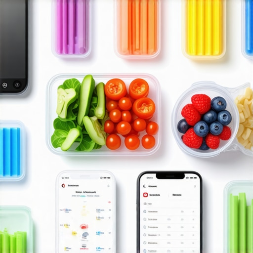 A high-tech kitchen with devices for meal prep and health tracking.