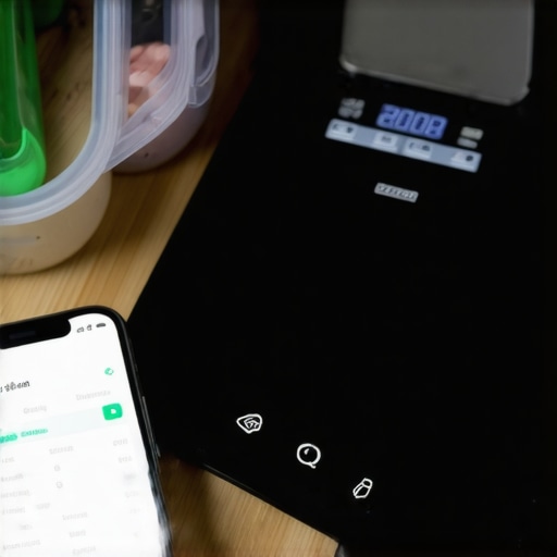 Kitchen tools including digital scales, meal prep containers, and a smartphone with health tracking app, illustrating diet maintenance equipment.