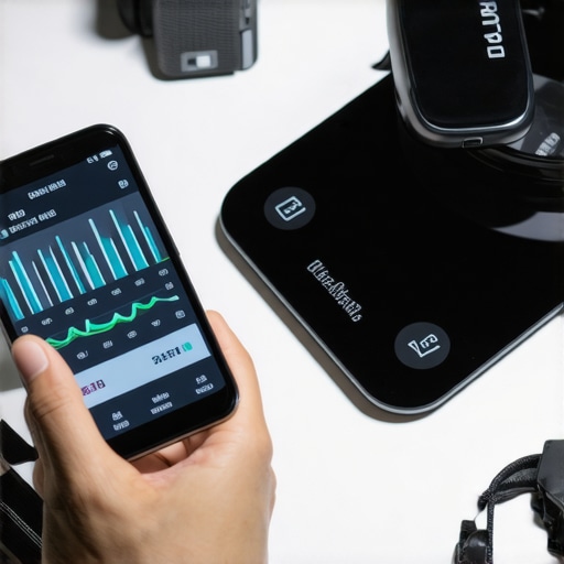 Smart Tools for Long-Term Weight Loss Person monitoring weight loss progress with electronic devices and smartphone apps in a modern kitchen