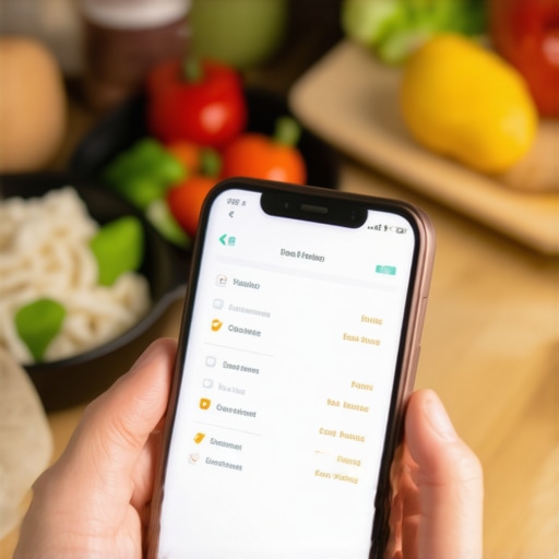 Person monitoring diet with smartphone and healthy meal components on the table.