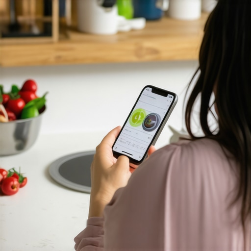 Person using digital tools like a smartphone app and food scale while preparing healthy meals to support weight loss.