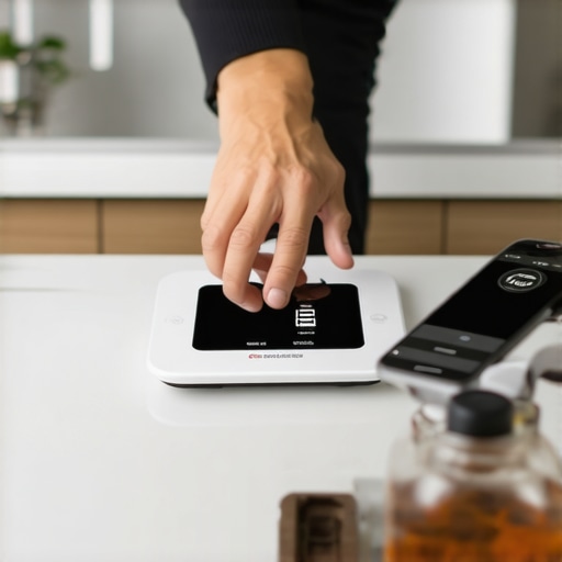 Person stepping on a digital scale while recording meals on a smartphone app in a kitchen.