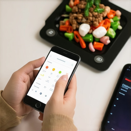 Individual using digital tools to plan meals and monitor health in a kitchen setting.