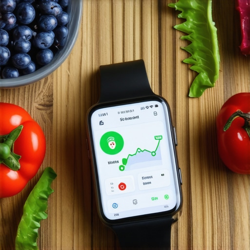 Smartphone and fitness tracker showing health metrics alongside healthy snacks