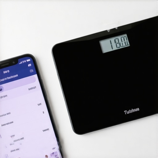 Smartphone app interface showing diet and medication logs next to a digital scale on a modern kitchen counter.
