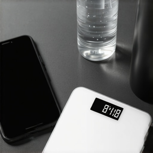 A smartphone displaying a nutrition app, a smart water bottle, and a digital kitchen scale on a kitchen counter, symbolizing tools for tracking diet and electrolytes.
