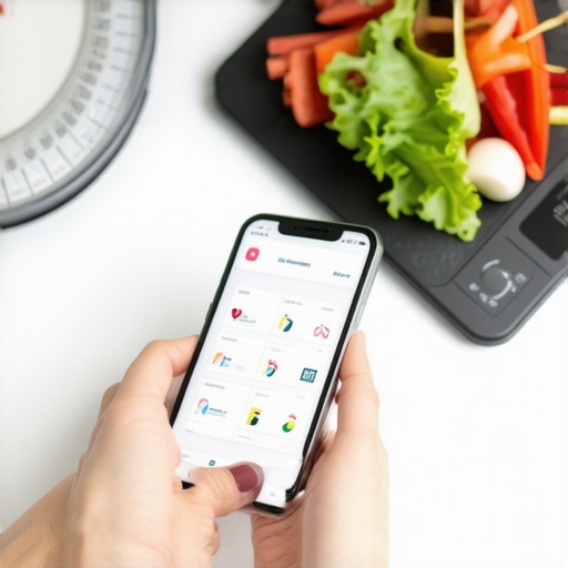 Individual using health apps on smartphone to support weight loss and medication regimen