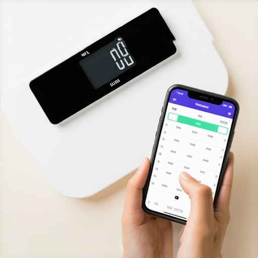 Tech Tools for Successful Weight Loss Person weighing food and logging nutrition on smartphone in kitchen