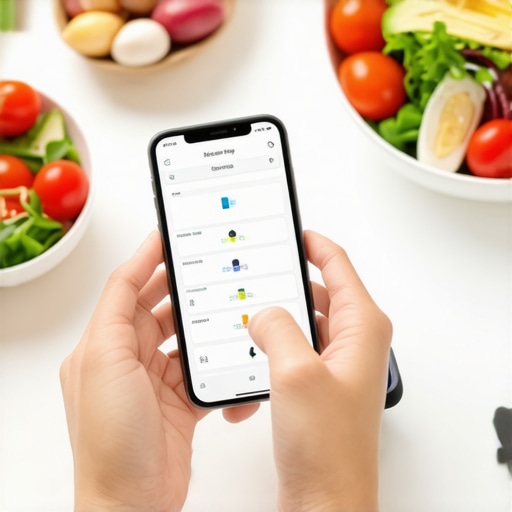 Tech Tools for Weight Loss Success Person tracking diet and activity with smartphone and fitness tracker during meal prep.