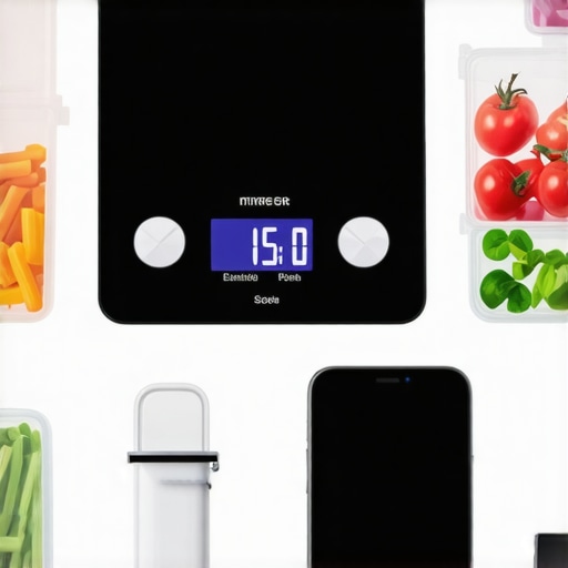 Various health and diet tools arranged on a table, including a scale, meal containers, smartphone, and a fitness tracker.