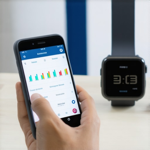Person analyzing health data on a smartphone with fitness tracker nearby