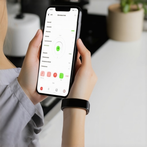 Individual monitoring their weight and diet progress with digital devices in a modern kitchen.