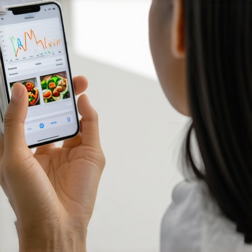 A person recording diet information on a mobile app alongside a health tracker showing data analytics
