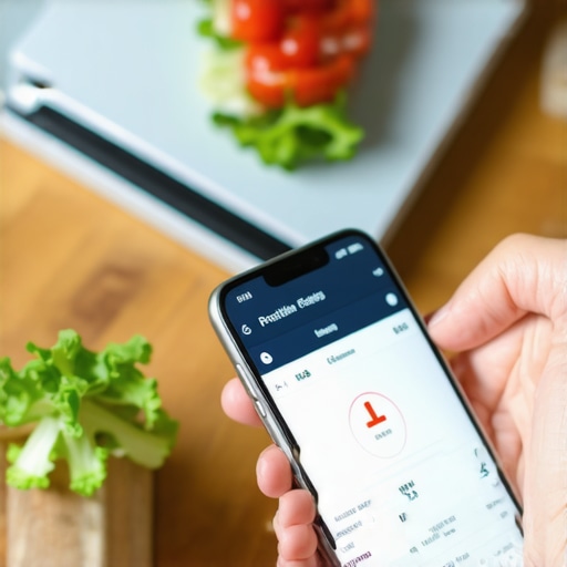 Person measuring food with a digital scale and reviewing data on a smartphone for weight loss support