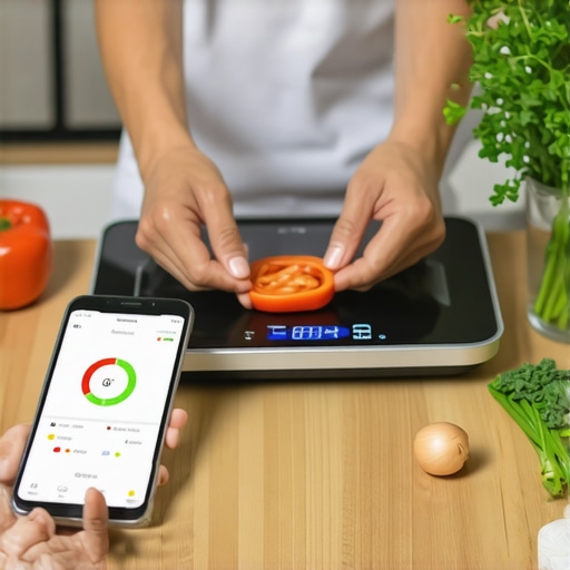 Person measuring food portions with a digital scale in a contemporary kitchen