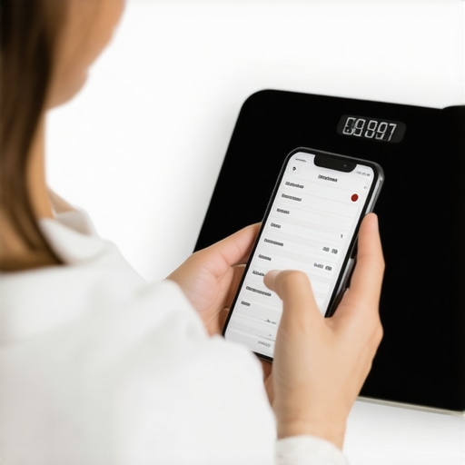 Person measuring food with a digital scale and logging nutrients on smartphone in kitchen