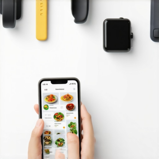 Person reviewing nutrition and health data on a smartphone with wearable devices on the counter