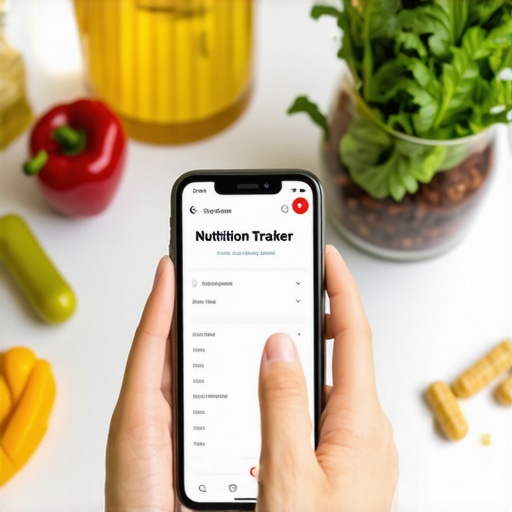 Person tracking nutrition on smartphone with healthy foods and supplements