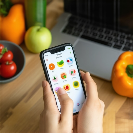 Using Digital Tools to Support Weight Loss Person managing weight loss progress with apps and healthy food at a kitchen table.