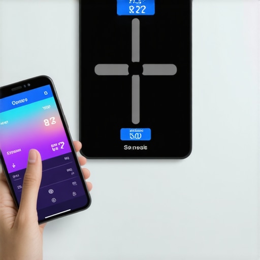 Person monitoring weight and health data with a smart scale and smartphone