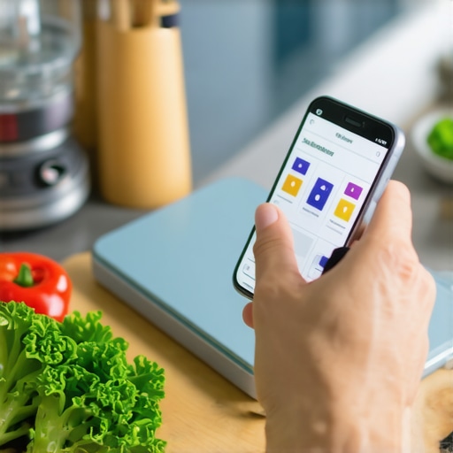 Using Tech Tools for Effective Weight Loss A person weighing food with a digital scale and logging data on a smartphone in a modern kitchen.