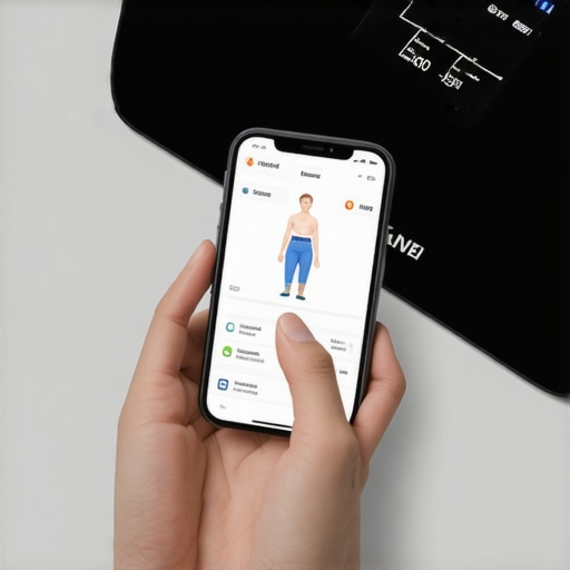 Person tracking nutrition and weight data with a smartphone and digital scale to support weight loss journey.