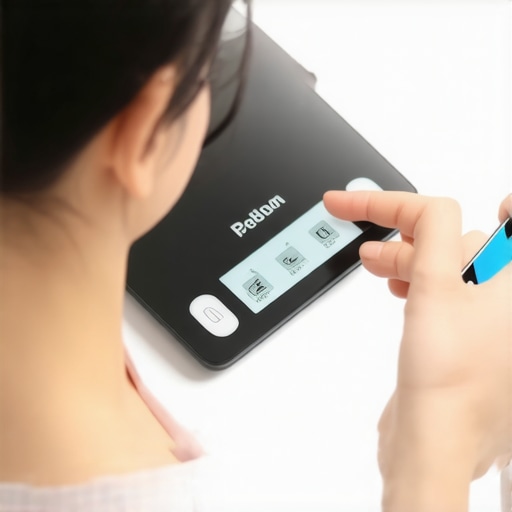 Person measuring food with a digital scale while monitoring a smartphone app