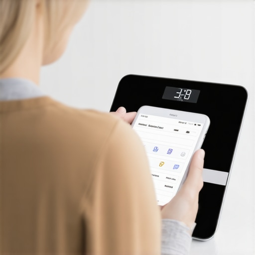 Person measuring weight with a smart scale and lifestyle app, emphasizing health tracking tools.
