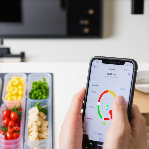 Person tracking diet and weight data on a smartphone in kitchen setting
