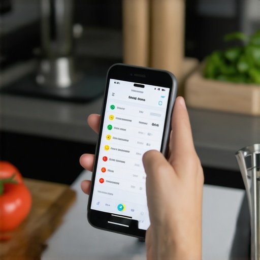 Person measuring food portions with digital scale and tracking app in kitchen.