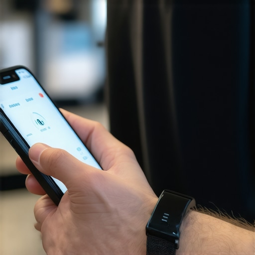 Person using fitness app on smartphone with a fitness tracker wristband, tracking health progress in a gym environment