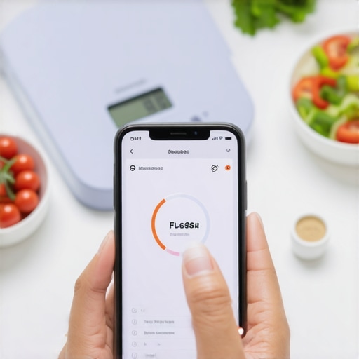 Person tracking health data on smartphone with scales and healthy meal prep in background
