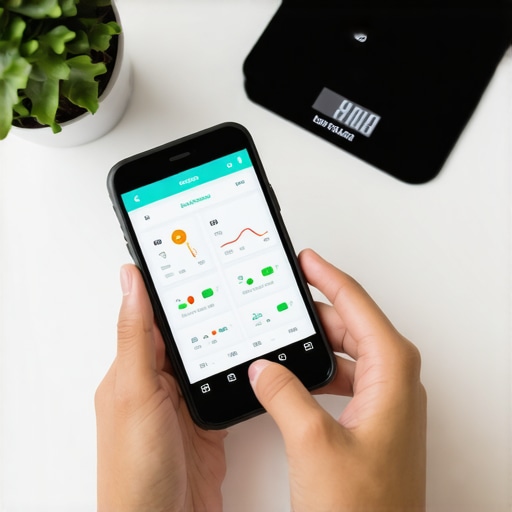 Using Technology to Support Long-Term Weight Loss Person tracking their diet and weight with a smartphone and digital scale for weight loss sustainability.