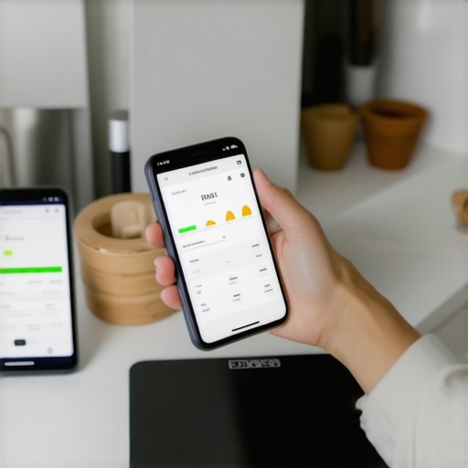 Using Technology to Support Weight Loss Efforts Person weighing themselves with a smart scale and monitoring their diet using a smartphone app.