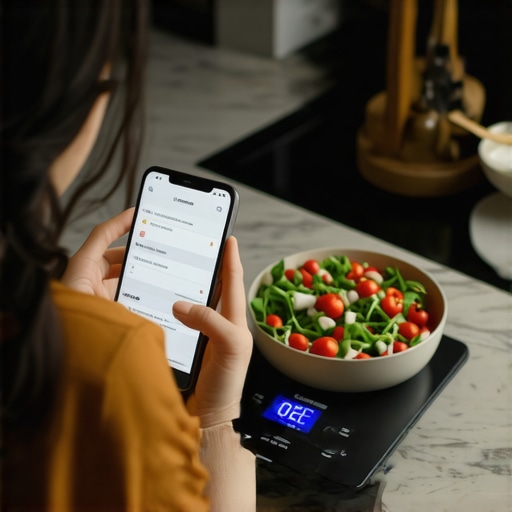 Person measuring food with a digital scale and logging data into a mobile app for weight management