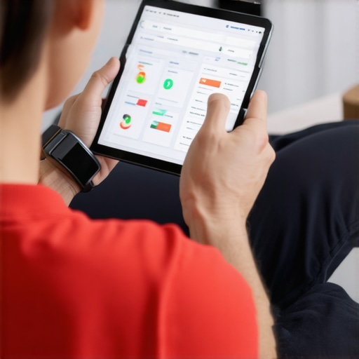 Person monitoring health data on a tablet with fitness wearable devices during exercise