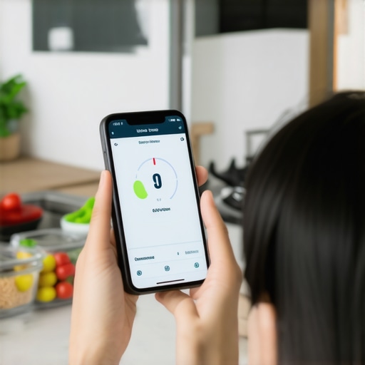 A person tracking blood sugar levels on a smartphone during meal prep in the kitchen.
