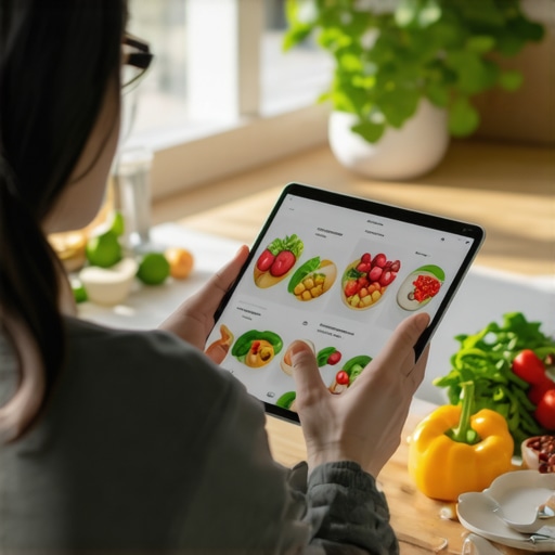 Person tracking their diet on a tablet in a healthy kitchen environment