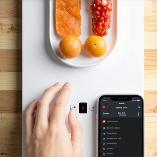 Close-up of a person measuring food with a digital scale and tracking intake on a smartphone, symbolizing precise dietary management for weight loss.