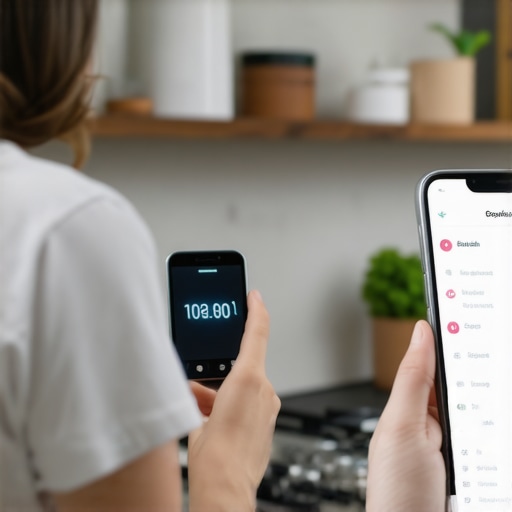 Person checking body composition with scale and app for weight loss tracking.