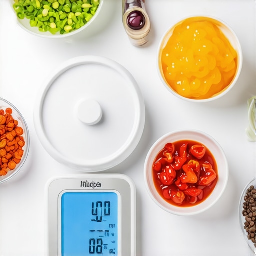 Accurate Meal Portioning for Better Results Close-up of a digital kitchen scale measuring portions of healthy food for weight management.