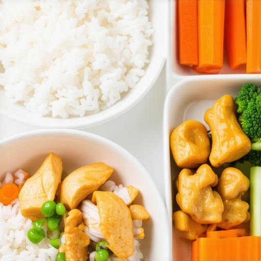 Plate with bland healthy foods like rice, chicken, and vegetables to prevent nausea during medication