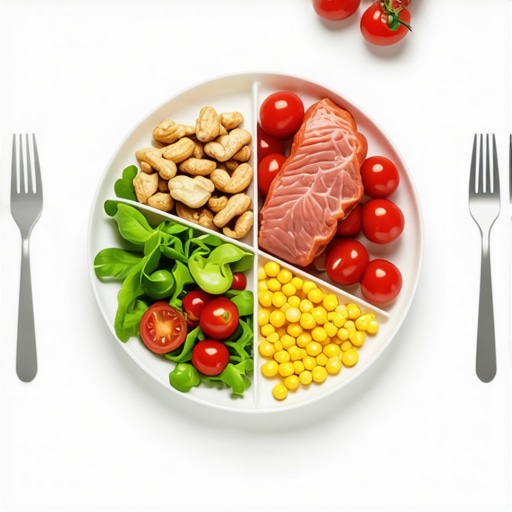 Healthy meal plate with sections for protein, vegetables, carbs, and fats to support weight loss medications.