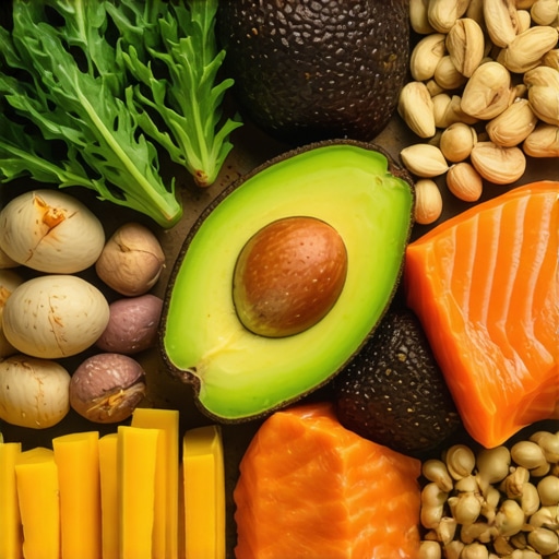 A vibrant dish featuring avocado slices, nuts, and grilled salmon, illustrating healthy fat sources.