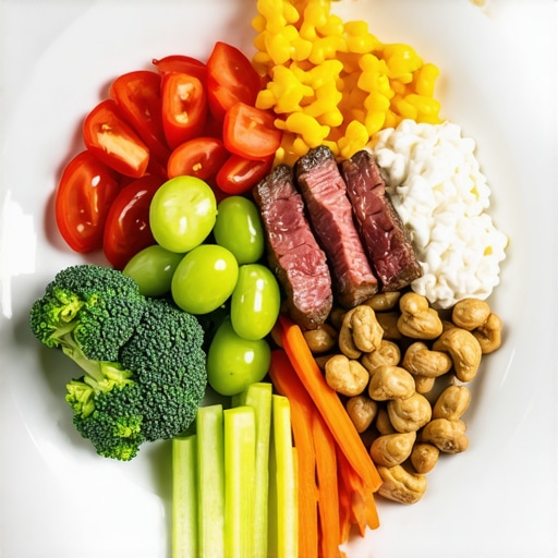 A well-balanced meal plate featuring lean meats, vegetables, healthy fats, and whole grains.